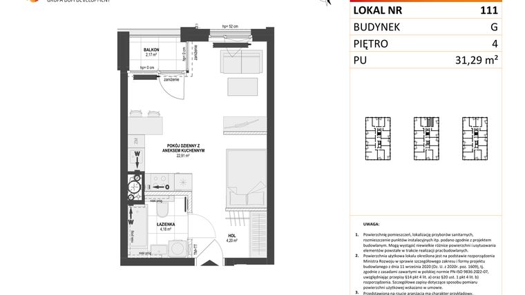 Rzut - Mieszkanie na sprzedaż 1 pokój o powierzchni 31,29 m² - numer G.111 w DOKI Living etap II