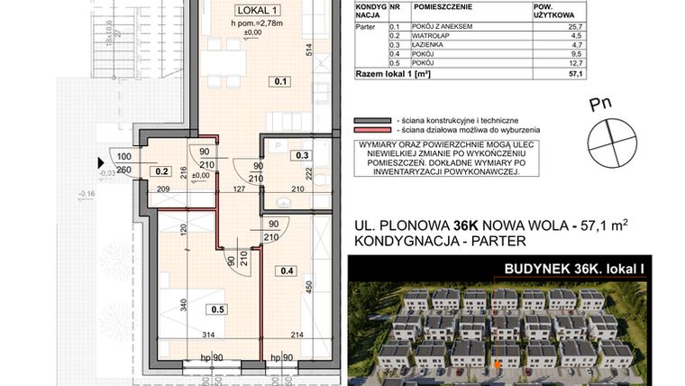 Rzut - Mieszkanie na sprzedaż 3 pokoje o powierzchni 57,1 m² - numer 36K/1 w Zespół willowy Zielona Polana - etap 6