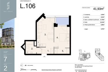 Rzut - Mieszkanie na sprzedaż 2 pokoje o powierzchni 41,93 m² - numer L106 w Sky Trust etap II - apartamenty inwestycyjne 23% VAT PRS