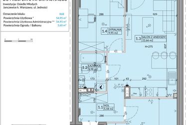 Rzut - Mieszkanie na sprzedaż 3 pokoje o powierzchni 54,95 m² - numer 86B w Osiedle Młodych etap VI
