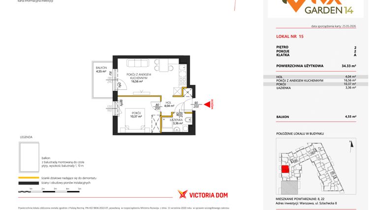 Rzut - Mieszkanie na sprzedaż 2 pokoje o powierzchni 34,33 m² - numer 15 w Viva Garden 14