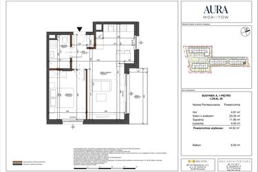 Rzut - Mieszkanie na sprzedaż 2 pokoje o powierzchni 44,62 m² - numer 20 w Aura Mokotów II