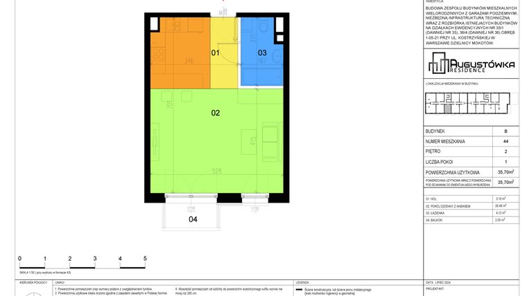 Rzut - Mieszkanie na sprzedaż 1 pokój o powierzchni 35,7 m² - numer B44 w Augustówka Residence