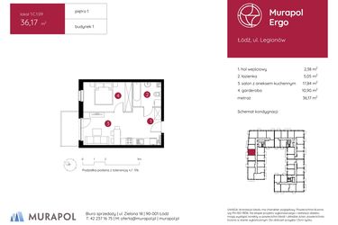 Rzut - Mieszkanie na sprzedaż 1 pokój o powierzchni 36,17 m² - numer 1.C.1.09 w Murapol Ergo