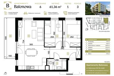 Rzut - Mieszkanie na sprzedaż 3 pokoje o powierzchni 64,25 m² - numer 6 w Apartamenty Balonowa
