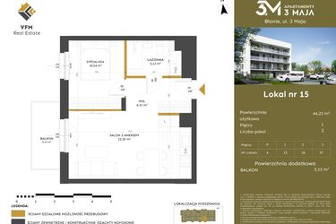 Rzut - Mieszkanie na sprzedaż 2 pokoje o powierzchni 44,22 m² - numer 15 w Apartamenty 3 Maja
