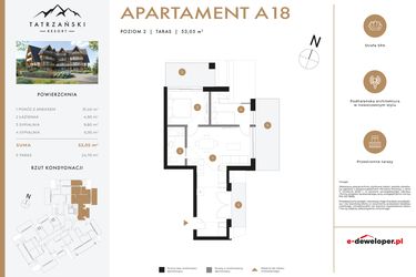 Rzut - Mieszkanie na sprzedaż 3 pokoje o powierzchni 53,05 m² - numer A18 w Tatrzański Resort
