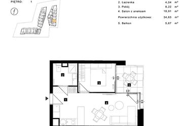 Rzut - Mieszkanie na sprzedaż 2 pokoje o powierzchni 34,63 m² - numer C.1.11 w Cisha Apartamenty Dziwnów