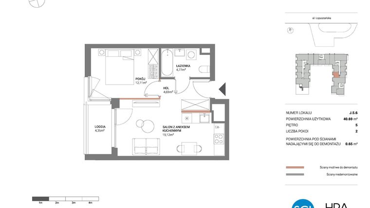 Rzut - Mieszkanie na sprzedaż 2 pokoje o powierzchni 40,69 m² - numer J.5.6 w Łopuszańska 47 - etap 3