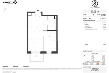 Rzut - Mieszkanie na sprzedaż 2 pokoje o powierzchni 37,09 m² - numer A/3/1.3 w Smardzewska 8