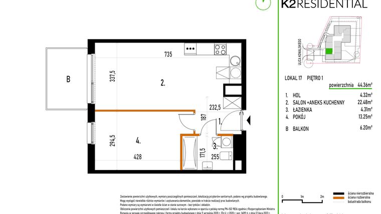 Rzut - Mieszkanie na sprzedaż 2 pokoje o powierzchni 44,36 m² - numer 17 w Kowalskiego 37