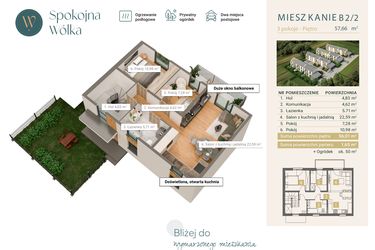 Rzut - Mieszkanie na sprzedaż 3 pokoje o powierzchni 57,66 m² - numer B2/2 w Spokojna Wólka etap IV