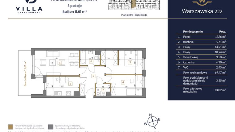 Rzut - Mieszkanie na sprzedaż 3 pokoje o powierzchni 69,47 m² - numer 10 w Warszawska 222 bud. D