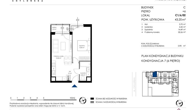 Rzut - Mieszkanie na sprzedaż 2 pokoje o powierzchni 43,2 m² - numer C1/6/02 w Chylońska STO10 etap III