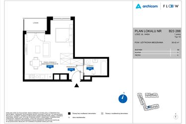 Rzut - Mieszkanie na sprzedaż 1 pokój o powierzchni 38,42 m² - numer B23 288 w Flow - bud. B2 A i bud. B2 B