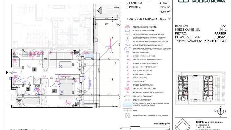 Rzut - Mieszkanie na sprzedaż 2 pokoje o powierzchni 35,05 m² - numer 1 w Apartamenty Poligonowa etap 5