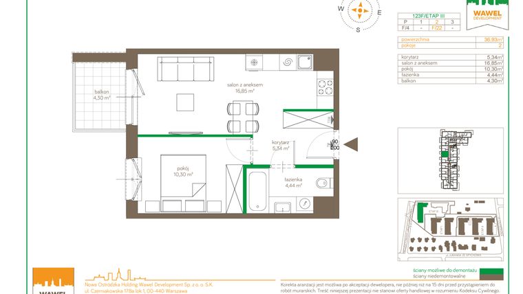 Rzut - Mieszkanie na sprzedaż 2 pokoje o powierzchni 36,93 m² - numer F/22 w Ostródzka 123 - III etap