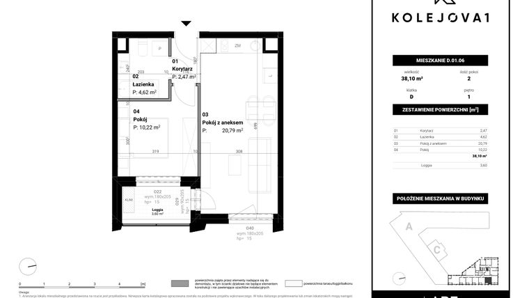 Rzut - Mieszkanie na sprzedaż 2 pokoje o powierzchni 38,1 m² - numer D-01-06 w Kolejova 1