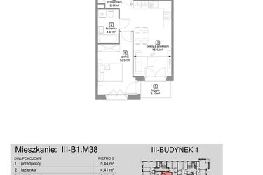 Rzut - Mieszkanie na sprzedaż 2 pokoje o powierzchni 40,48 m² - numer III-B1.M38 w Strefa Cegielnia 3