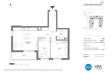 Rzut - Mieszkanie na sprzedaż 3 pokoje o powierzchni 65,34 m² - numer G.3.8 w Łopuszańska 47 - etap 2