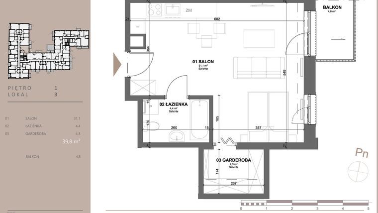 Rzut - Mieszkanie na sprzedaż 1 pokój o powierzchni 39,77 m² - numer 3 w BETWEEN