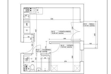 Rzut - Mieszkanie na sprzedaż 2 pokoje o powierzchni 30,52 m² - numer 12 w Bydgoska 19