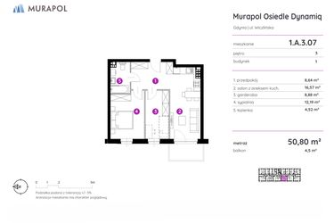 Rzut - Mieszkanie na sprzedaż 2 pokoje o powierzchni 50,8 m² - numer 1.A.3.07 w Murapol Osiedle Dynamiq