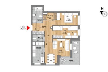 Rzut - Mieszkanie na sprzedaż 3 pokoje o powierzchni 70,47 m² - numer M4 w Przy Kochanowskiego