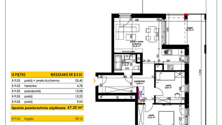 Rzut - Mieszkanie na sprzedaż 3 pokoje o powierzchni 67,42 m² - numer B 9.03 w Park Moniuszki II C