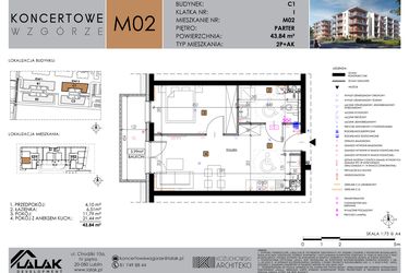 Rzut - Mieszkanie na sprzedaż 2 pokoje o powierzchni 43,84 m² - numer C1_M2/P w Koncertowe Wzgórze etap II