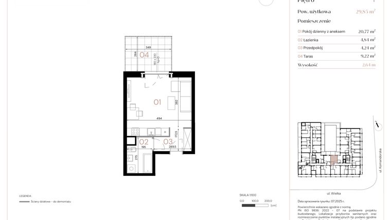 Rzut - Mieszkanie na sprzedaż 1 pokój o powierzchni 29,85 m² - numer B/1/11 w Wielka 16