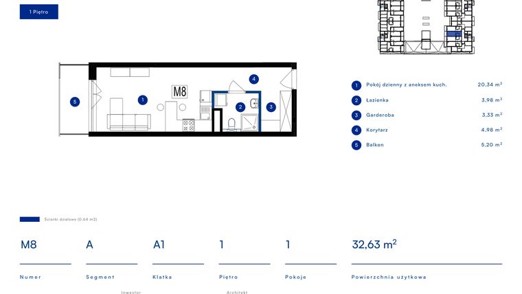 Rzut - Mieszkanie na sprzedaż 1 pokój o powierzchni 32,63 m² - numer 8A w Przy Bursztynowej