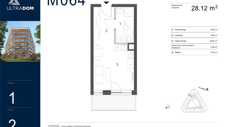 Rzut - Mieszkanie na sprzedaż 1 pokój o powierzchni 28,81 m² - numer M064 w Ultradom