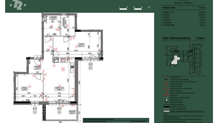 Rzut - Mieszkanie na sprzedaż 3 pokoje o powierzchni 77,03 m² - numer 10 w Wspólnota Mieszkaniowa Gajowa 72