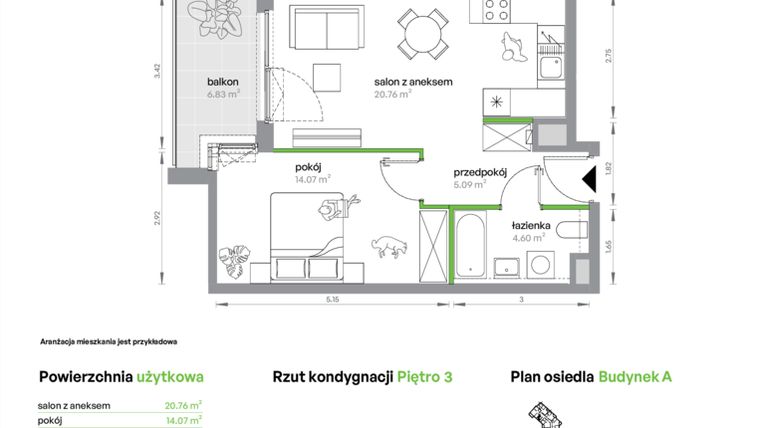 Rzut - Mieszkanie na sprzedaż 2 pokoje o powierzchni 44,52 m² - numer AB0305/4 w M Bemowo