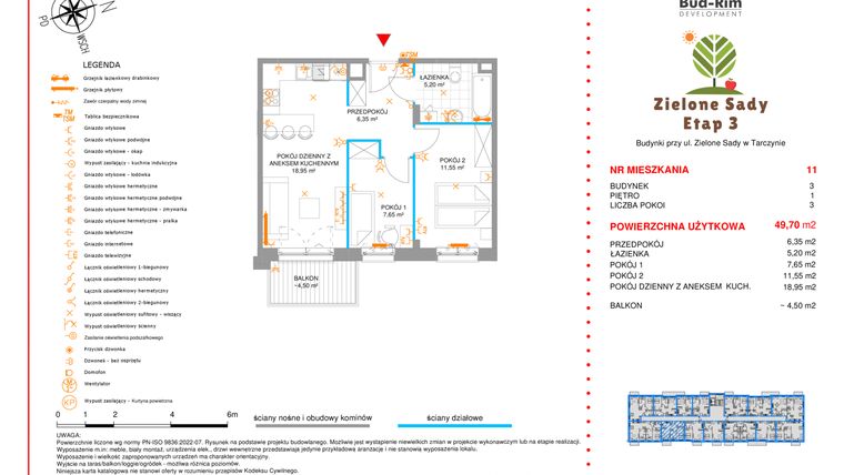 Rzut - Mieszkanie na sprzedaż 3 pokoje o powierzchni 49,7 m² - numer 11 w Zielone Sady etap III