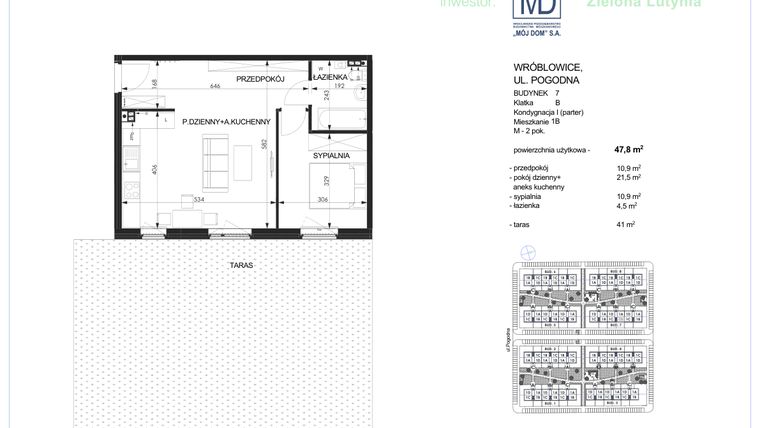 Rzut - Mieszkanie na sprzedaż 2 pokoje o powierzchni 47,8 m² - numer 7B - 1B w Zielona Lutynia