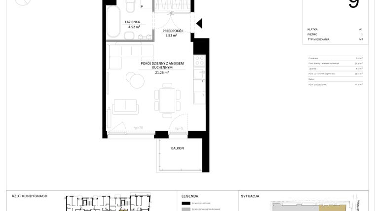 Rzut - Mieszkanie na sprzedaż 1 pokój o powierzchni 29,61 m² - numer 9 w SILO