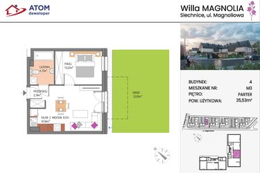 Rzut - Mieszkanie na sprzedaż 2 pokoje o powierzchni 35,53 m² - numer Bud.4-3 w Willa Magnolia