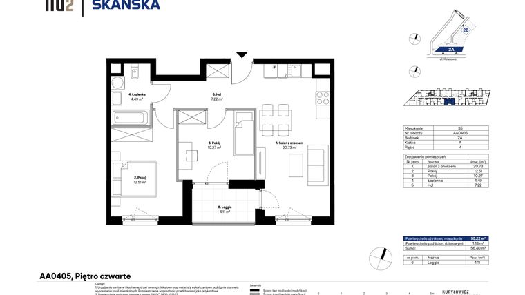 Rzut - Mieszkanie na sprzedaż 3 pokoje o powierzchni 55,22 m² - numer AA0405 w NU2 Warszawa Wola - apartamenty wykończone pod klucz