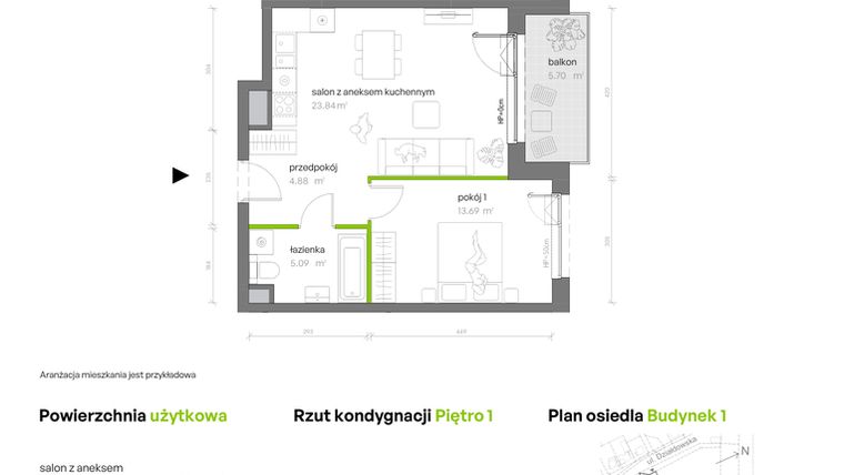 Rzut - Mieszkanie na sprzedaż 2 pokoje o powierzchni 47,5 m² - numer 1.01.M16 w Morska Vita