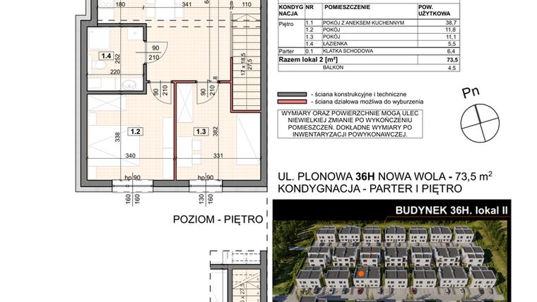 Rzut - Mieszkanie na sprzedaż 3 pokoje o powierzchni 73,5 m² - numer 36H/2 w Zespół willowy Zielona Polana - etap 6
