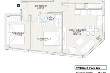 Rzut - Mieszkanie na sprzedaż 3 pokoje o powierzchni 74,16 m² - numer B1 w Apartamenty w Torrevieja, Playa del Cura, Centro, SP-95936