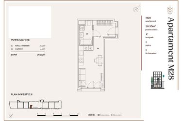 Rzut - Mieszkanie na sprzedaż 1 pokój o powierzchni 26,35 m² - numer C.28 w Młyny Mogilska