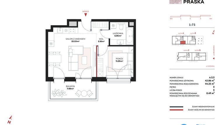 Rzut - Mieszkanie na sprzedaż 2 pokoje o powierzchni 43,86 m² - numer A.2.2 w Drucianka Praska