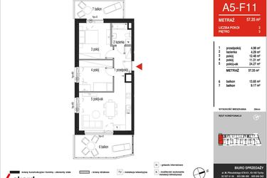 Rzut - Mieszkanie na sprzedaż 3 pokoje o powierzchni 57,35 m² - numer A5-F11 w Panorama A5