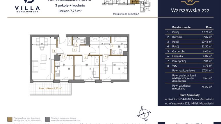 Rzut - Mieszkanie na sprzedaż 3 pokoje o powierzchni 67,54 m² - numer 22A w Warszawska 222