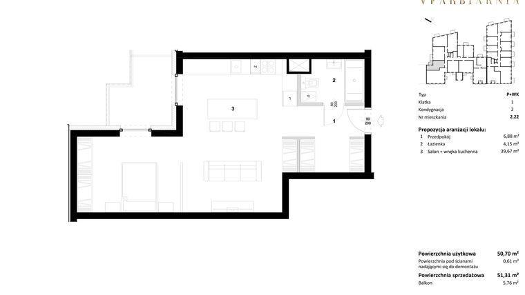 Rzut - Mieszkanie na sprzedaż 1 pokój o powierzchni 51,31 m² - numer 2.22 w Stara Farbiarnia
