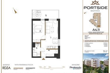 Rzut - Mieszkanie na sprzedaż 2 pokoje o powierzchni 39,51 m² - numer A4.11 w Portside Bałtycka