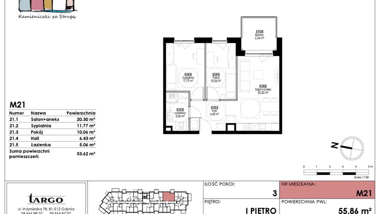 Rzut - Mieszkanie na sprzedaż 3 pokoje o powierzchni 53,62 m² - numer M21 w Kamieniczki za Strugą